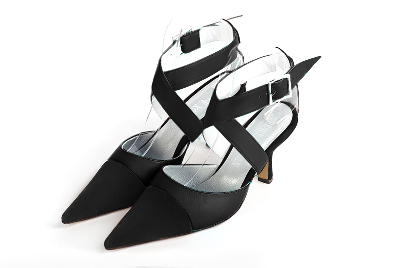 Matt black women's open back shoes, with crossed straps. Pointed toe. High spool heels - Florence KOOIJMAN
